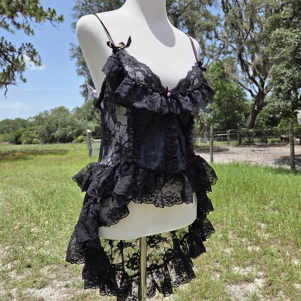 Vintage Goth Sexy Camisole Top Bows Sheer Womens Black Lace S/M? Victorian